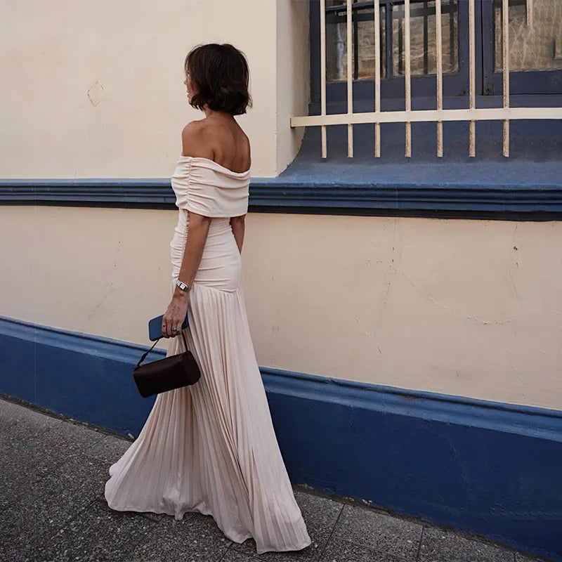 Off Shoulder Drapped Neck Pleated Maxi Dress