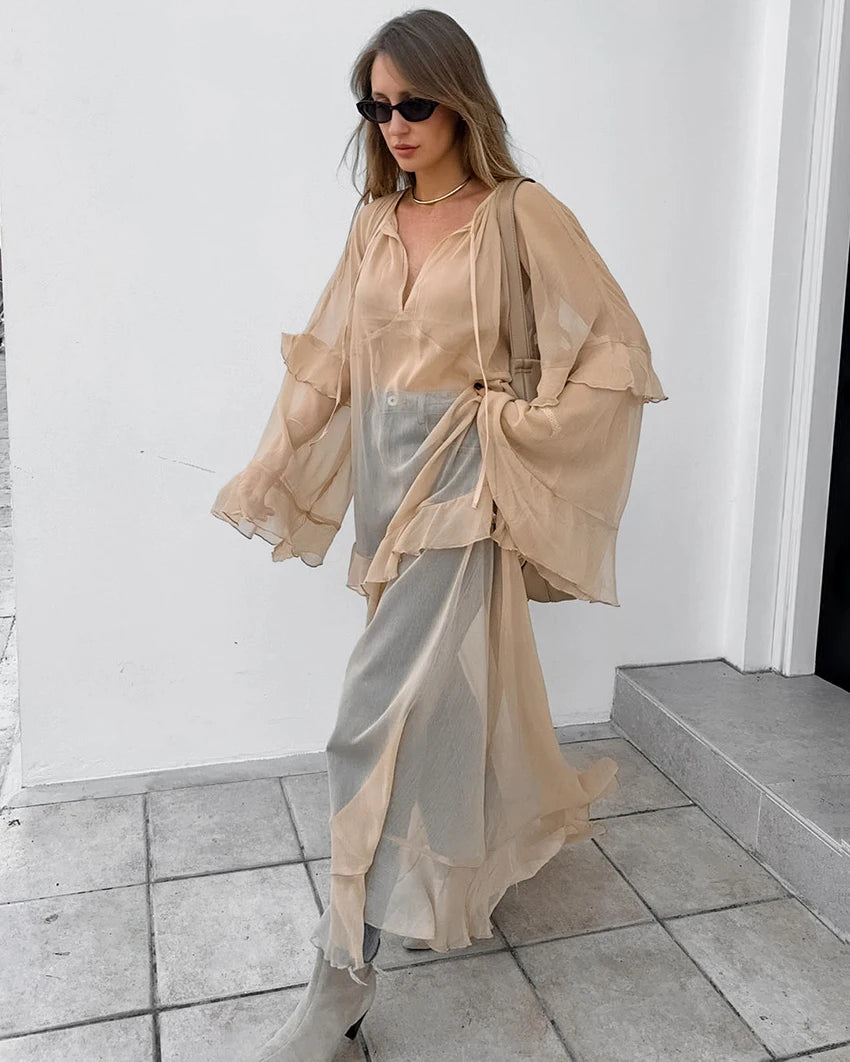 Frilled Batwing Sleeve Flowy Transparent Dress