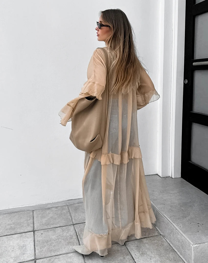 Frilled Batwing Sleeve Flowy Transparent Dress