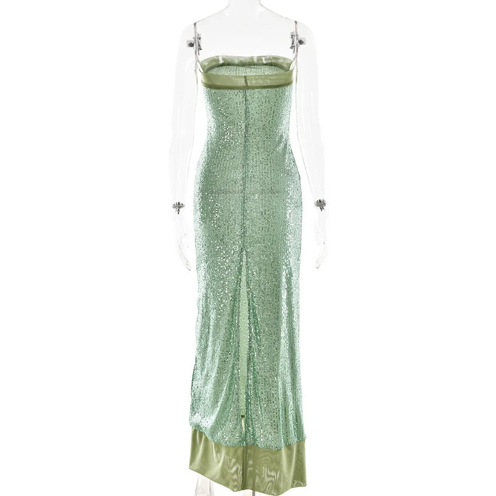 Glitter Sequins Sparkling Maxi Green Off Shoulder Evening Dress