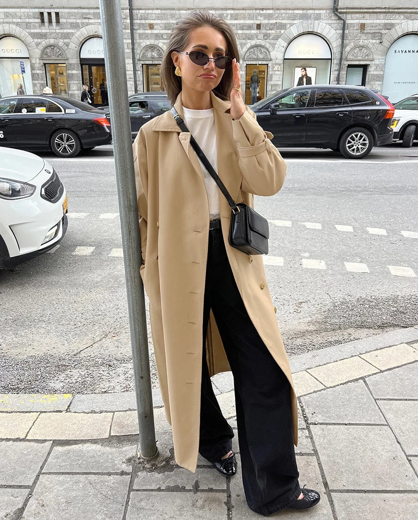 Double-Breasted Long Trench Coat