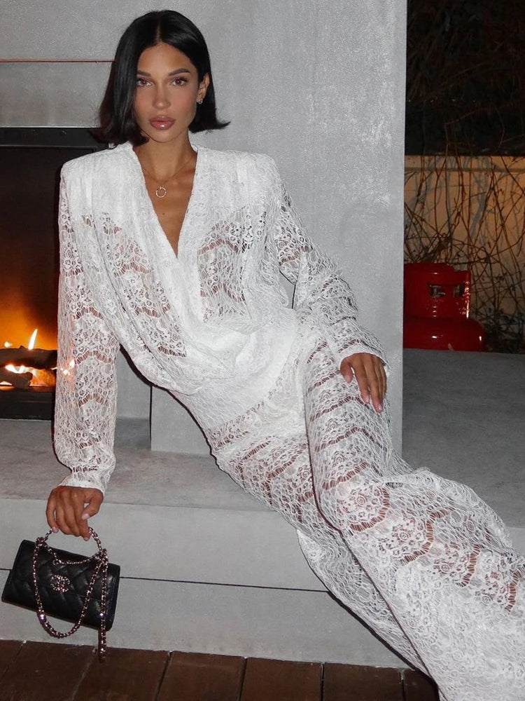 White Lace Two Piece Set Deep V Neck Long Sleeve Tops And Wide Pants