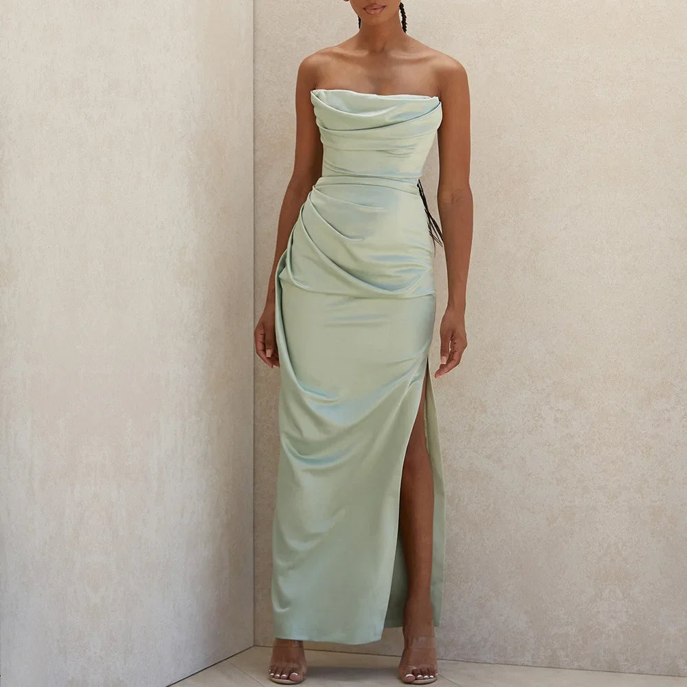 Satin Ruched Strapless Dress
