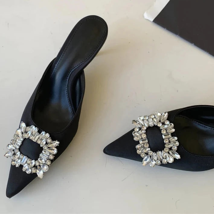 Rhinestone Crystal Silk Mules Pointed Toe High Heel