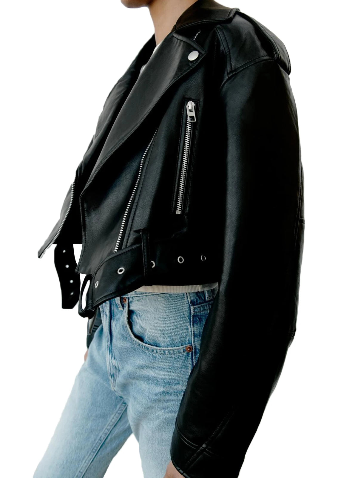 Faux Leather Oversized Cropped Biker Jacket