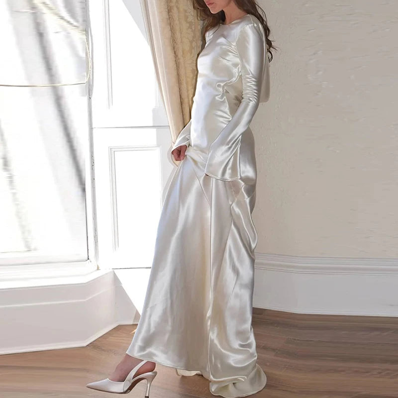 White Satin Long Sleeved Slim Evening Dress