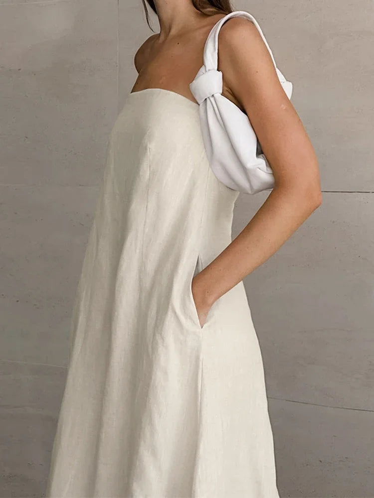 Cotton Linen Strapless Long Dress With Pockets