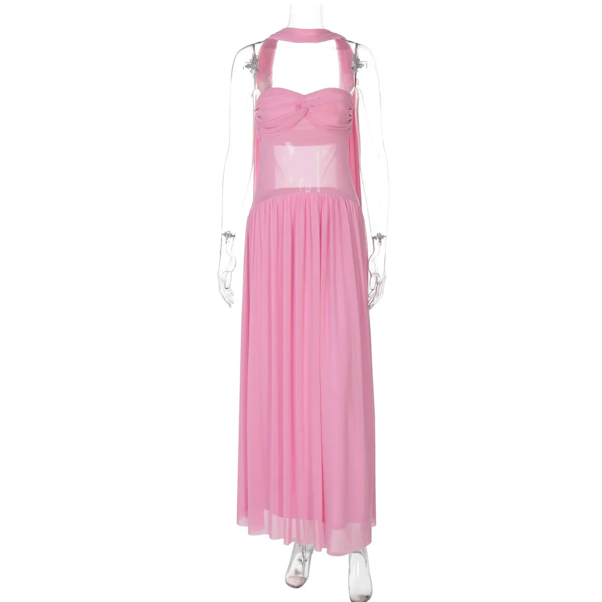 Off-shoulder Plated Mesh Long Dress
