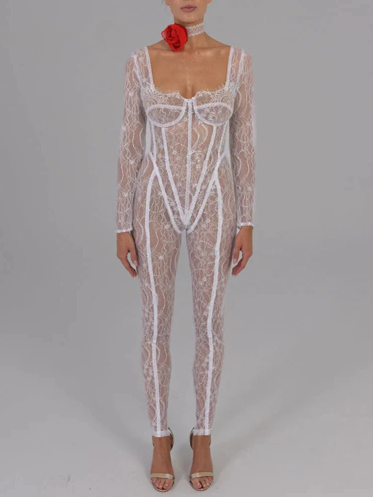 Lace Catsuit Long Sleeve Sexy Jumpsuit Square Collar