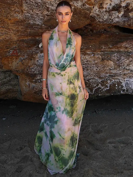 Tie Dye Tule Backless Maxi Dress