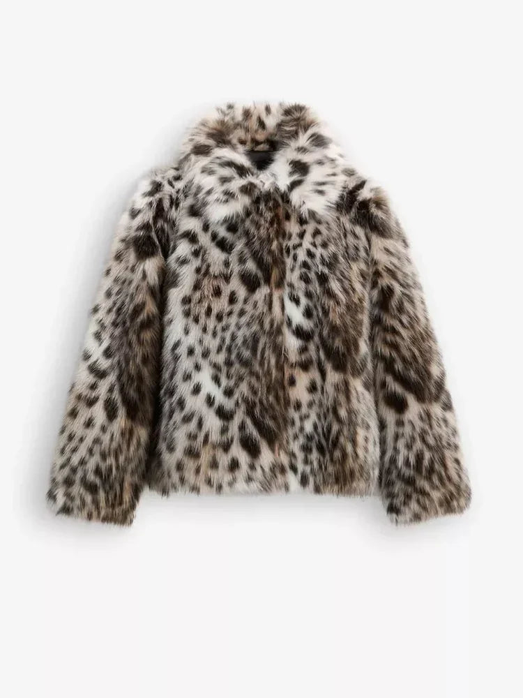 Leopard Printed Lapel Faux Fur Coat