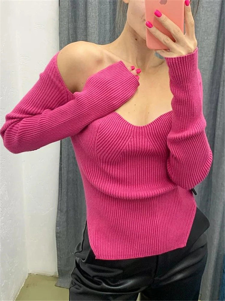 Sweetheart Neckline Long Sleeve Sweater Knit Ribbed Top