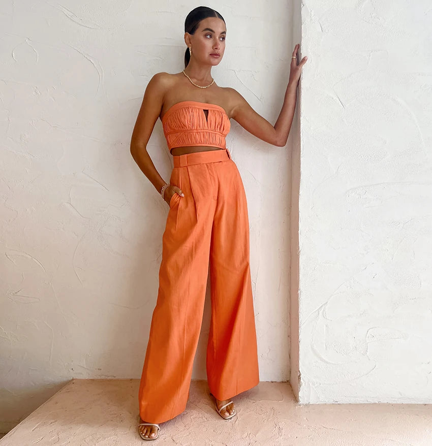 Elegant Orange High Waist Pants Pleated Wide Legs Cotton Linen