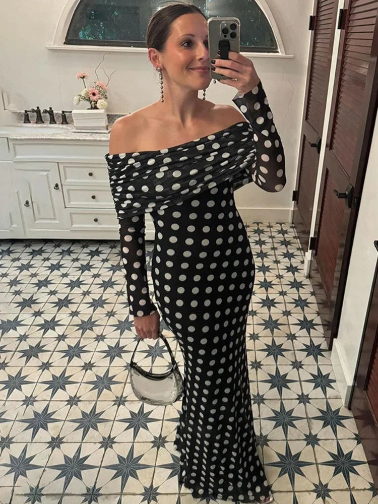 Long Sleeve Off-shoulder Bodycon Polka Dot Dress