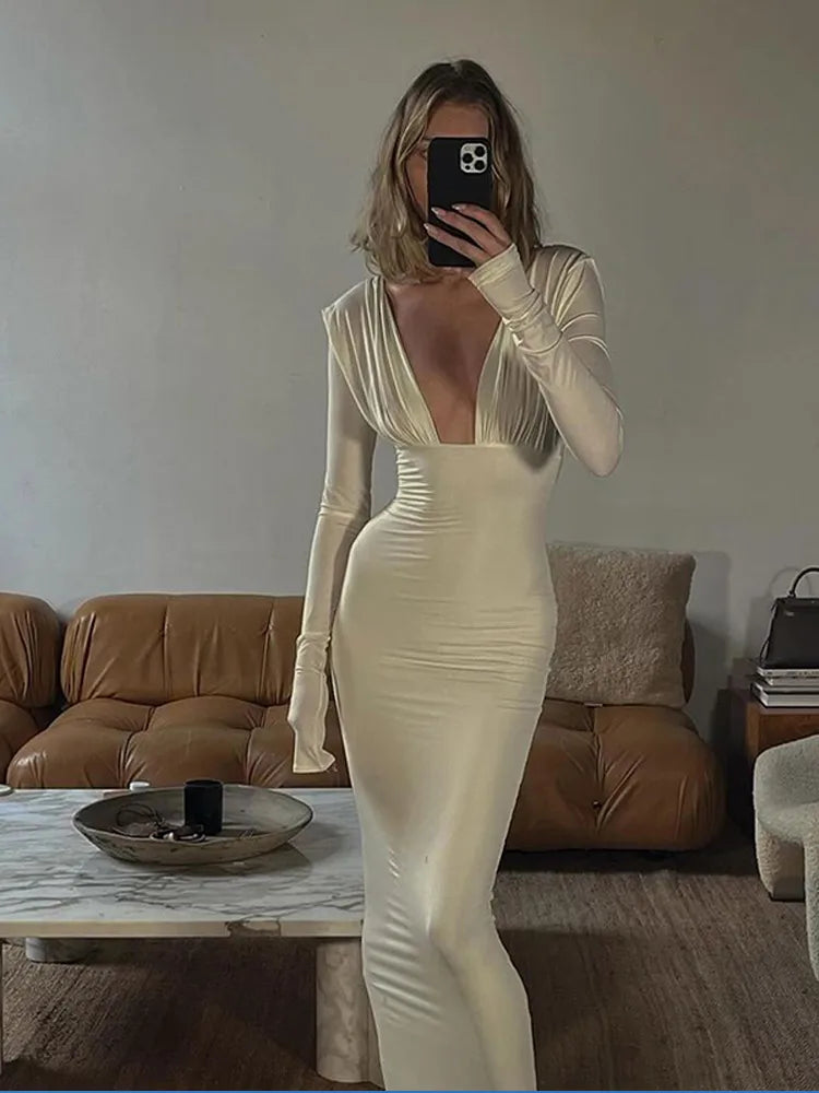 Deep V Neck Drapped Long Sleeve Jersey Maxi Dress