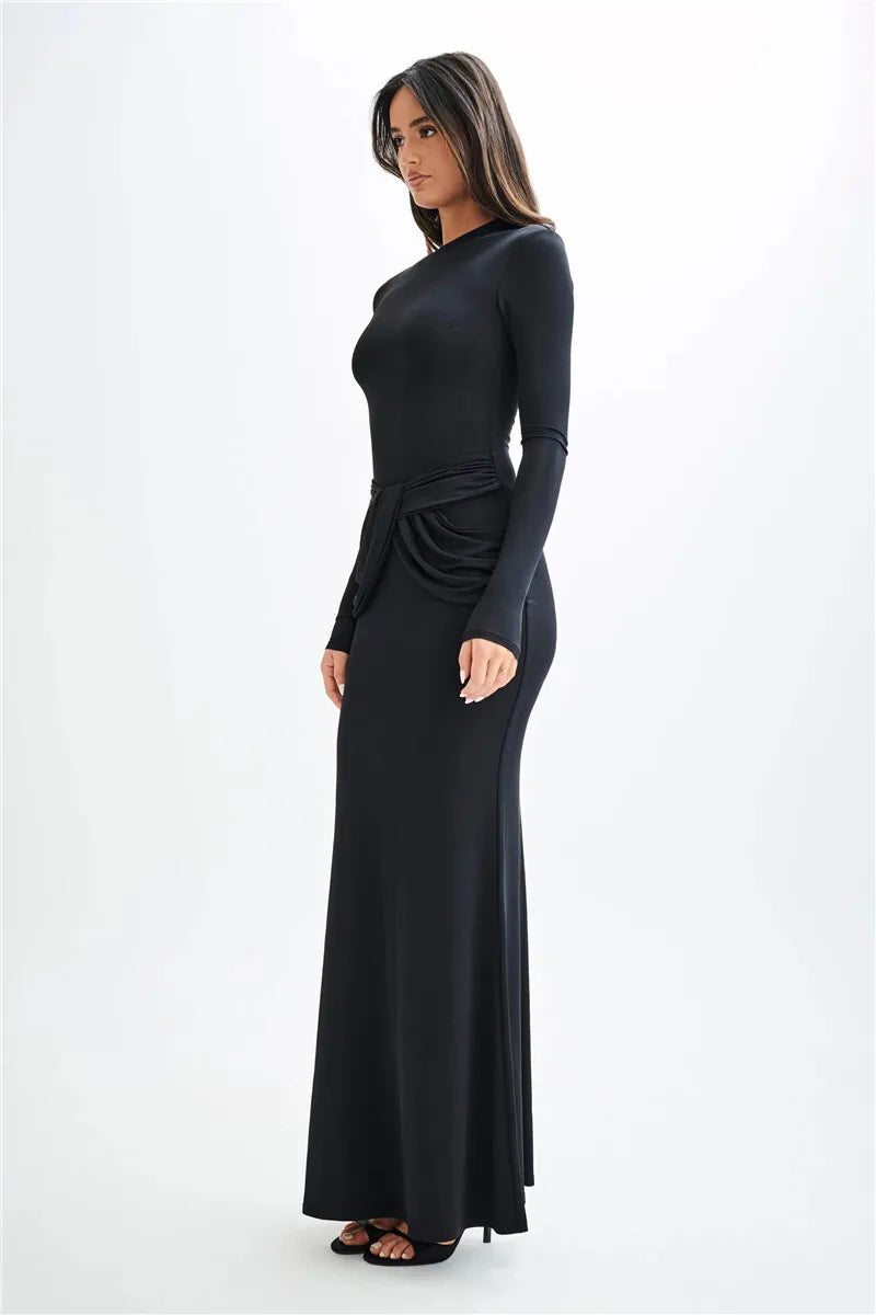 Boat Collar With Drapped Waist Long Sleeve Maxi Dress