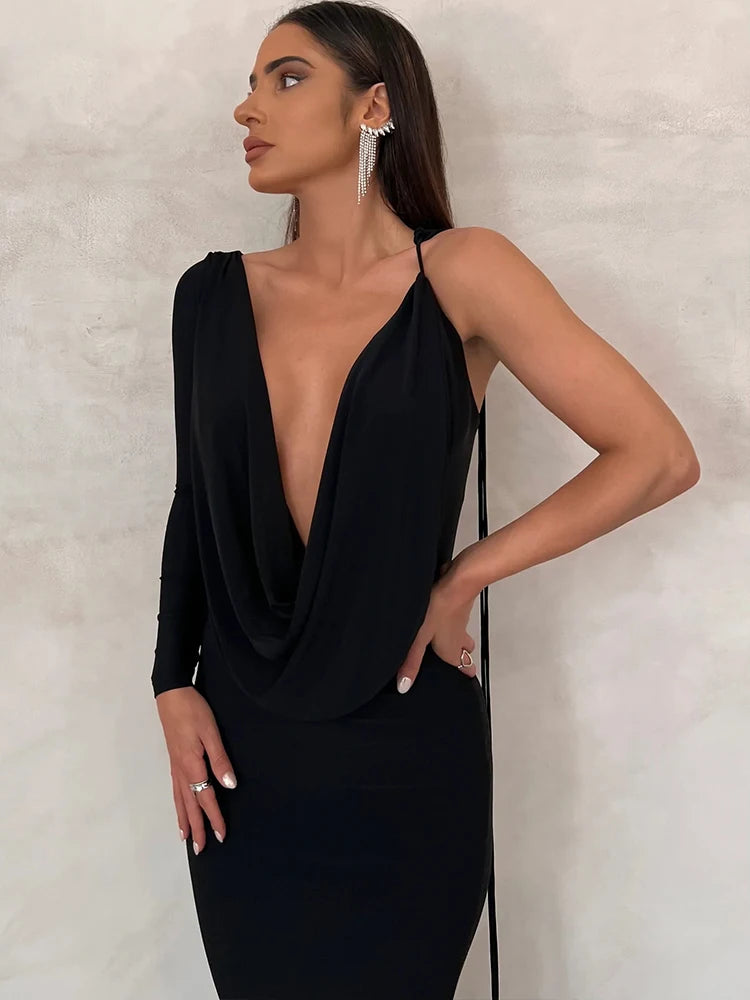 Assymmetric One-Shoulder Long Sleeve Maxi Dress