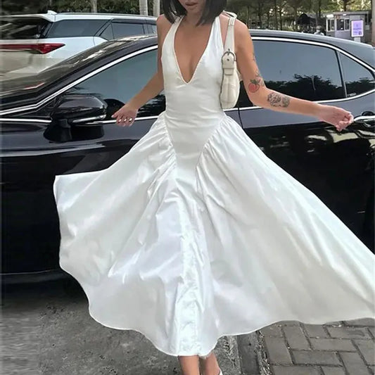 Halter Midi White Dress With Ruched Volume Skirt