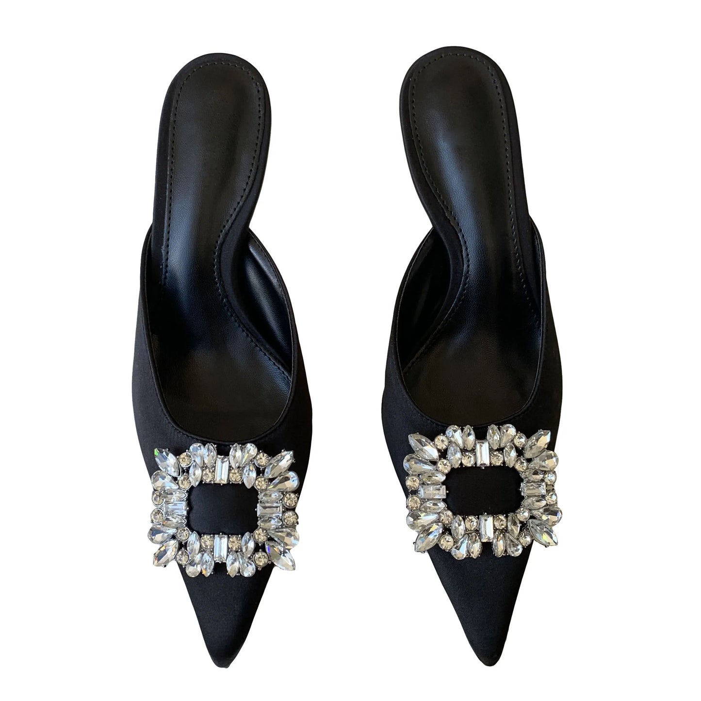 Rhinestone Crystal Silk Mules Pointed Toe High Heel