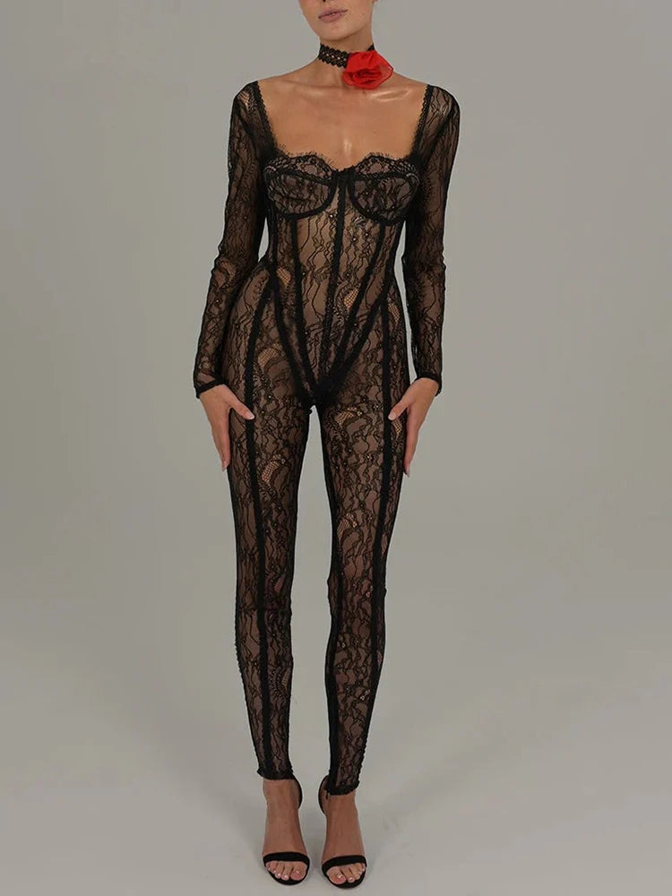 Lace Catsuit Long Sleeve Sexy Jumpsuit Square Collar