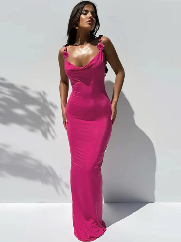 Flower Applique Spaghetti Strap Backless Maxi Dress