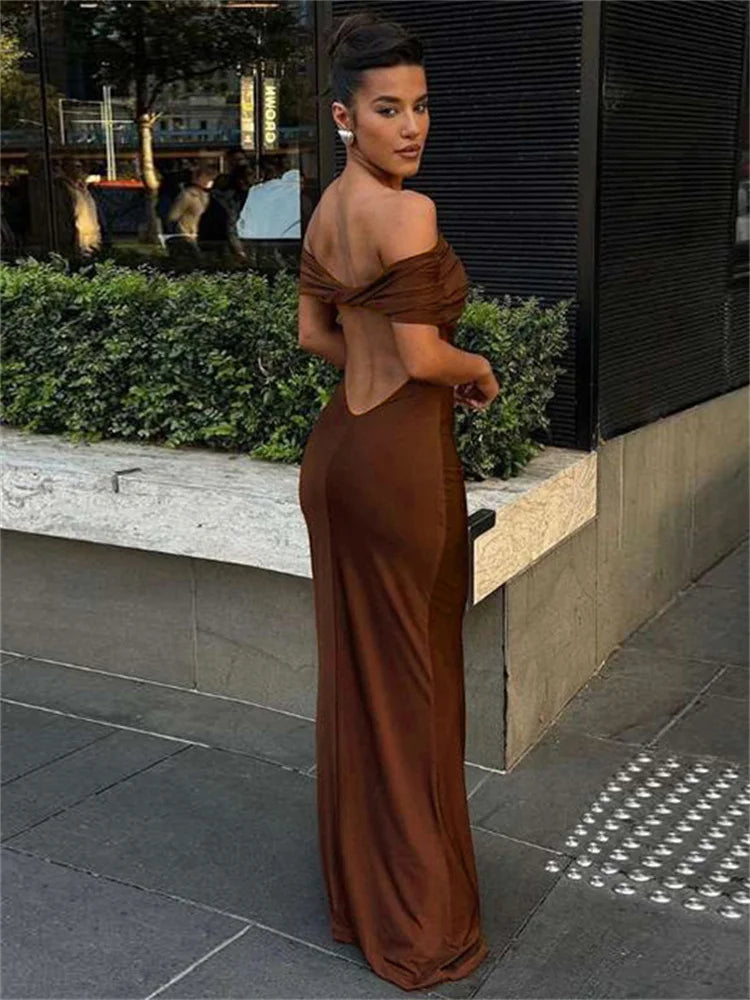 Pleated Off-Shoulder Elegant Long  Maxi Dress