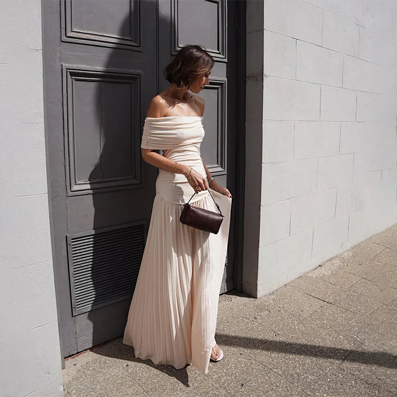 Off Shoulder Drapped Neck Pleated Maxi Dress