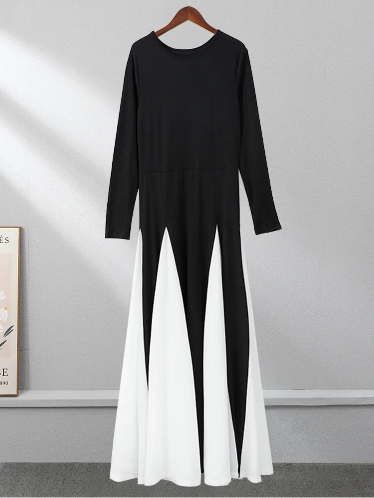 Long Sleeve Contrast Mesh A-line Maxi Dress