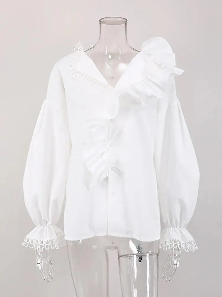 V-neck Asymmetry Frilled Long Sleeve Blouse Shirt