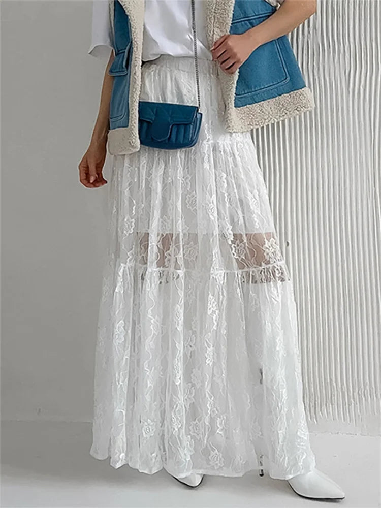 White Lace Maxi Long Skirt  High Waist