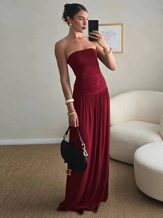 Off-shoulder Strapless Pleated Maxi Dress