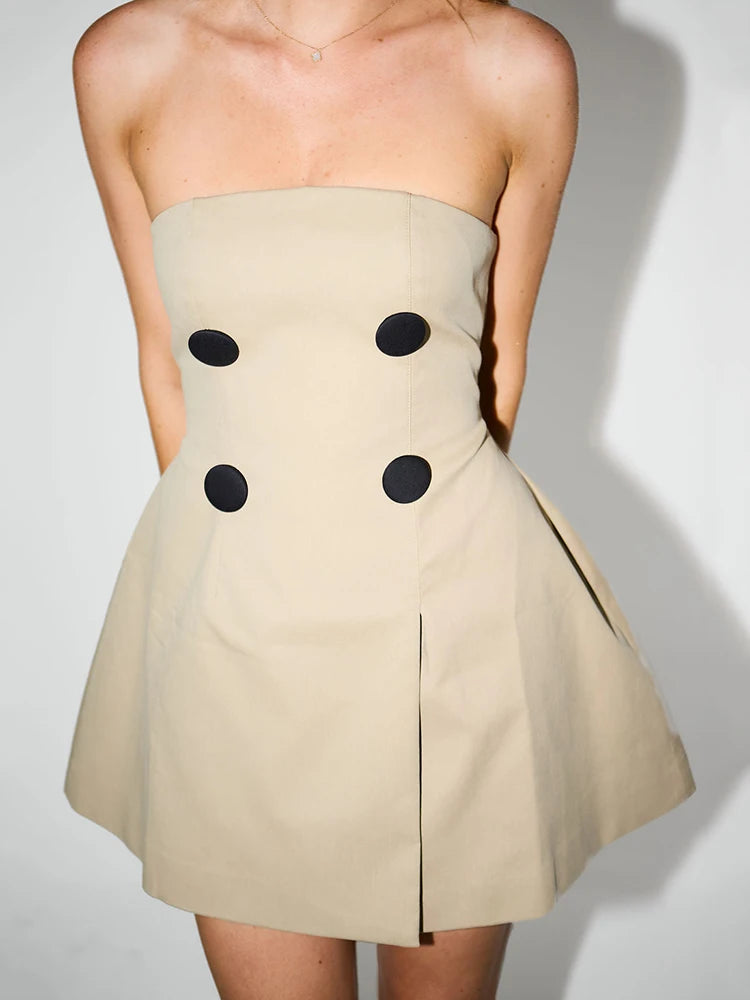 Off-shoulder Strapless Mini Skater Khaki Dress