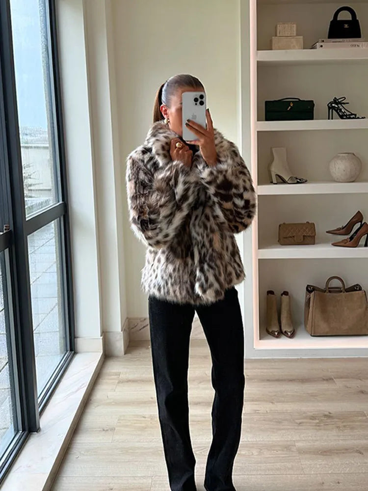 Leopard Printed Lapel Faux Fur Coat