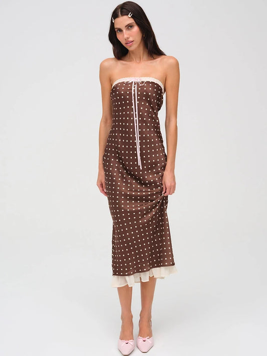 Off-shoulder Sleeveless Satin Polka Dot Dress