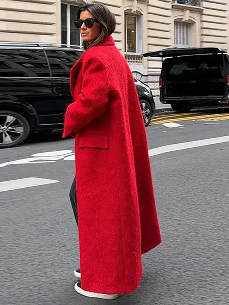 Red Lapel Long Wool Coat