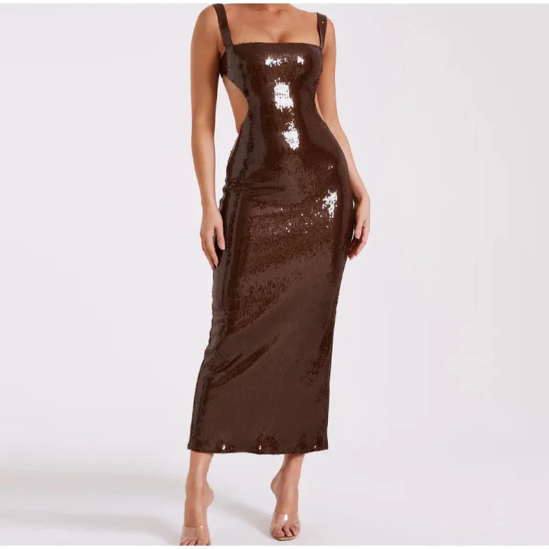 Square Neck Sequin Midi Dress