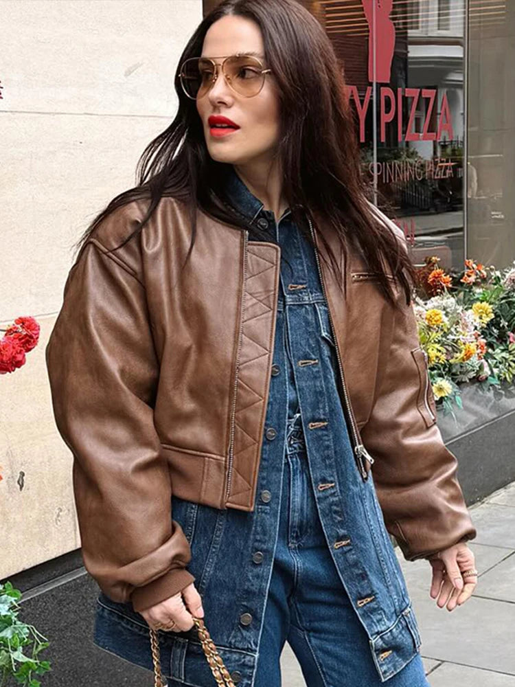 Oversized Cropped Leather Effect Bomber Jacket