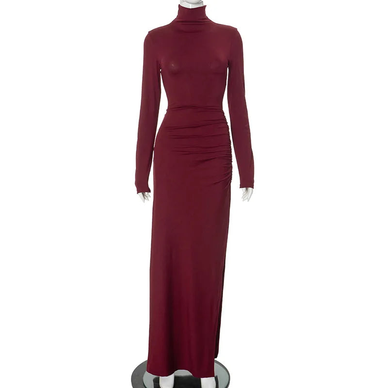 High Split Long Sleeve Maxi Dress Turtleneck