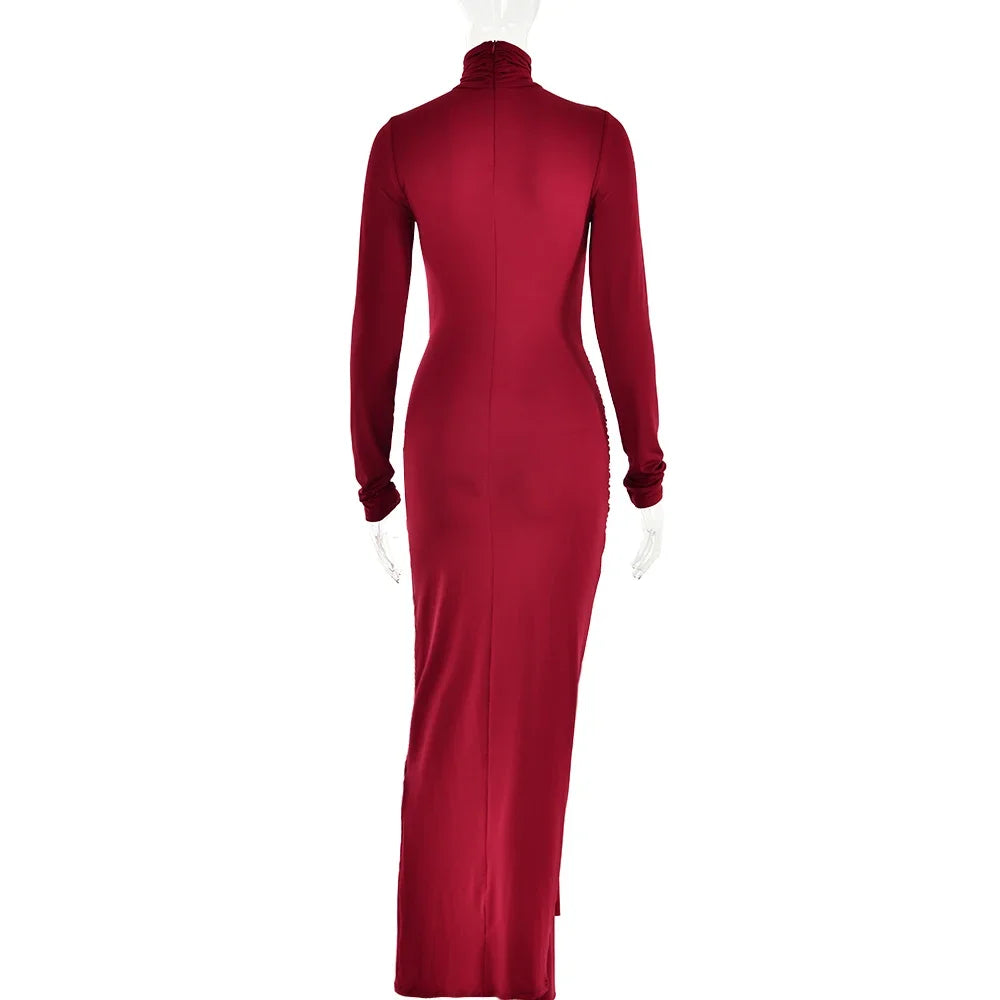 Bandage Maxi Dress Slim Pleated Long Sleeve