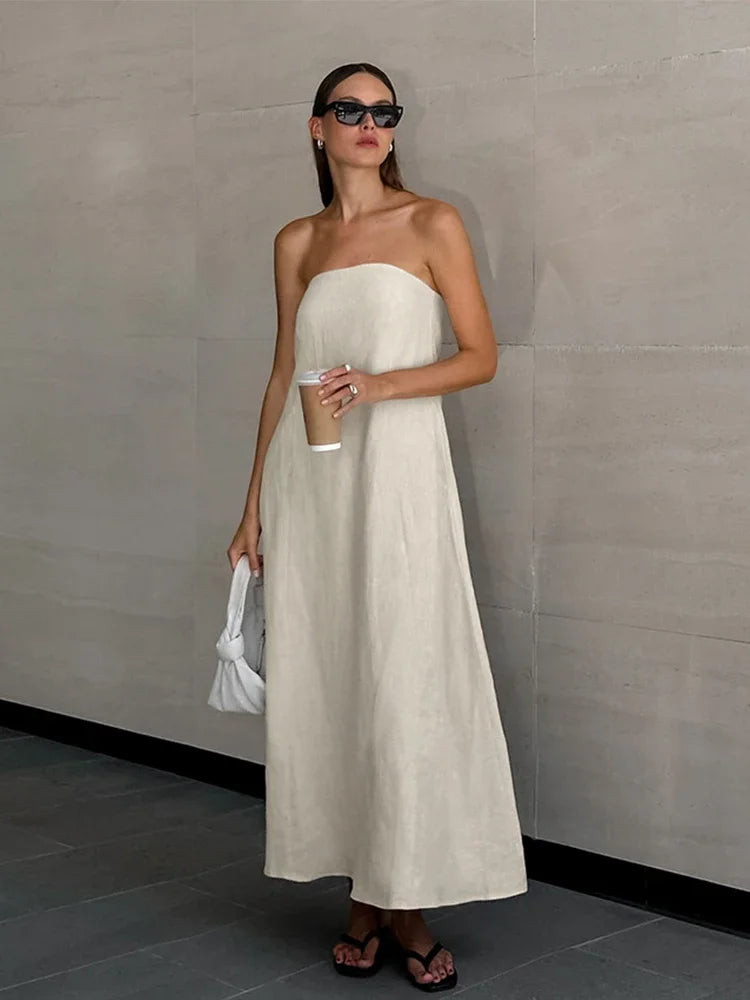 Cotton Linen Strapless Long Dress With Pockets