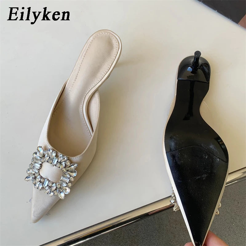 Rhinestone Crystal Silk Mules Pointed Toe High Heel