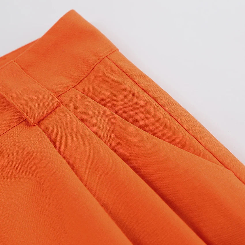 Elegant Orange High Waist Pants Pleated Wide Legs Cotton Linen