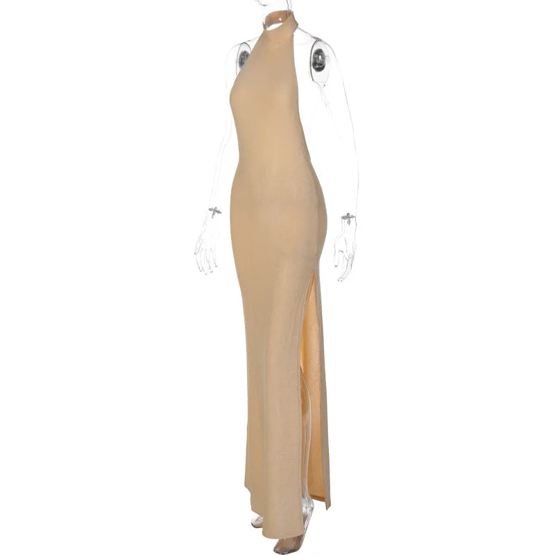 Halter Backless Thigh High Split Knit Maxi Dress