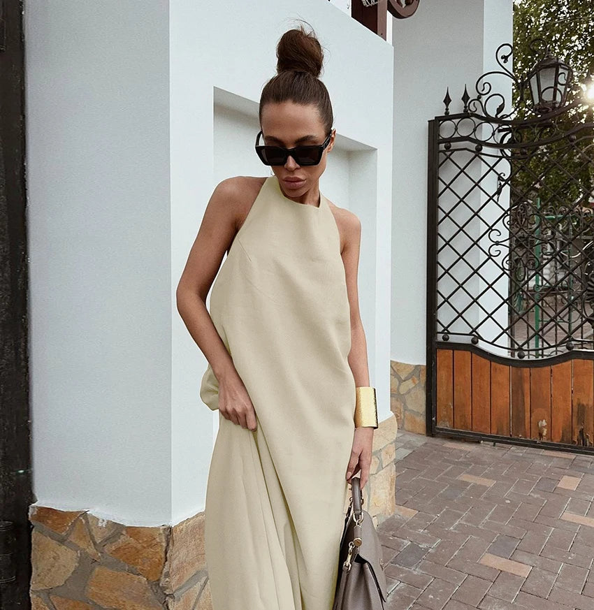 Halter Neck Khaki Sexy Backless Midi Dress