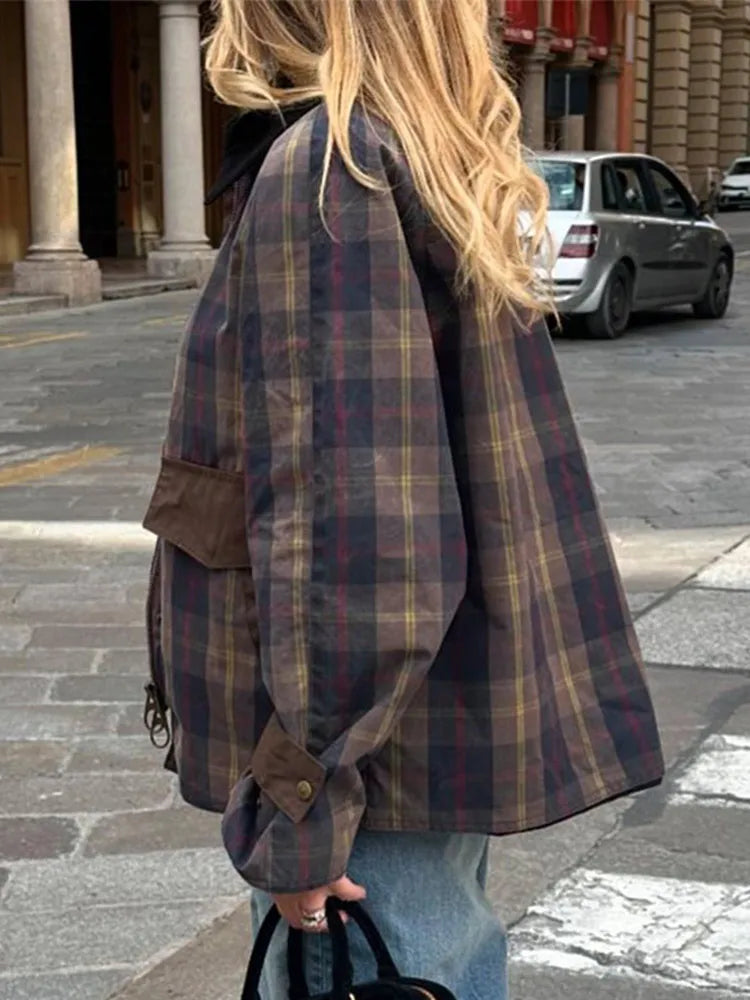 Plaid Patchwork Barn Jacket Lapel Long Sleeve Casual Coat