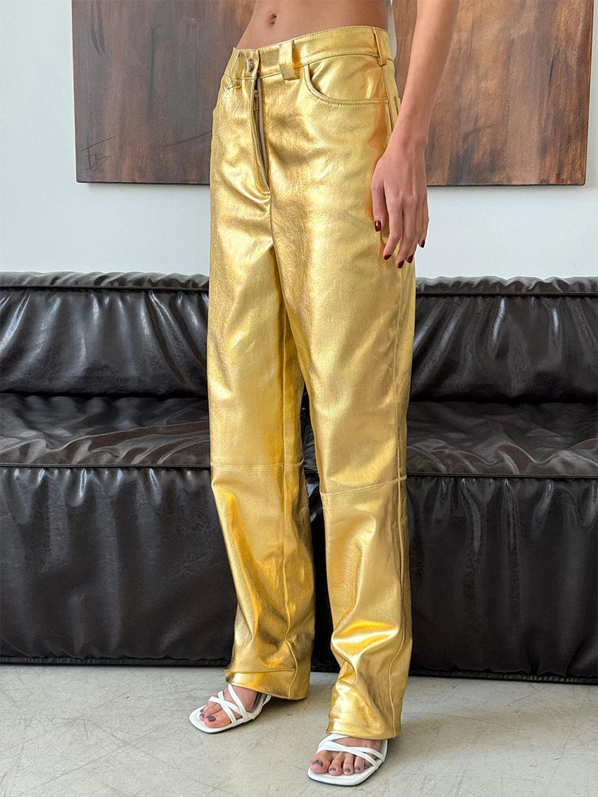 Waxed Leather Effect Golden Straight Pants