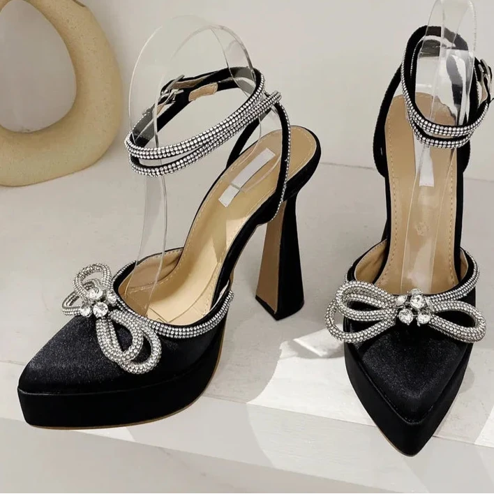 Bowknot Party Pumps Pointed Toe Platform Heel Shoes