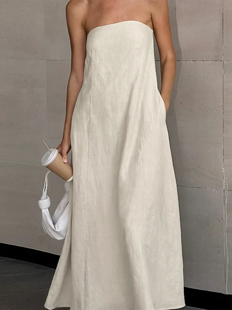 Cotton Linen Strapless Long Dress With Pockets