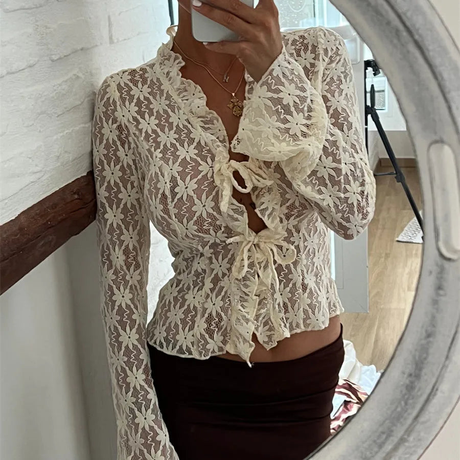 Lace Floral Tops Flare Long Sleeve Tie Front Sheer