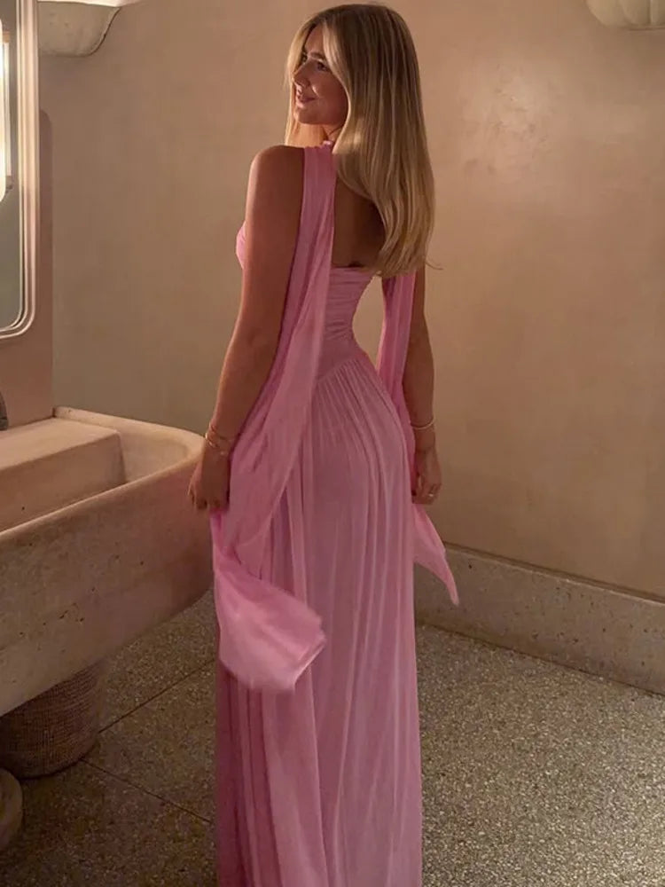 Off-shoulder Plated Mesh Long Dress